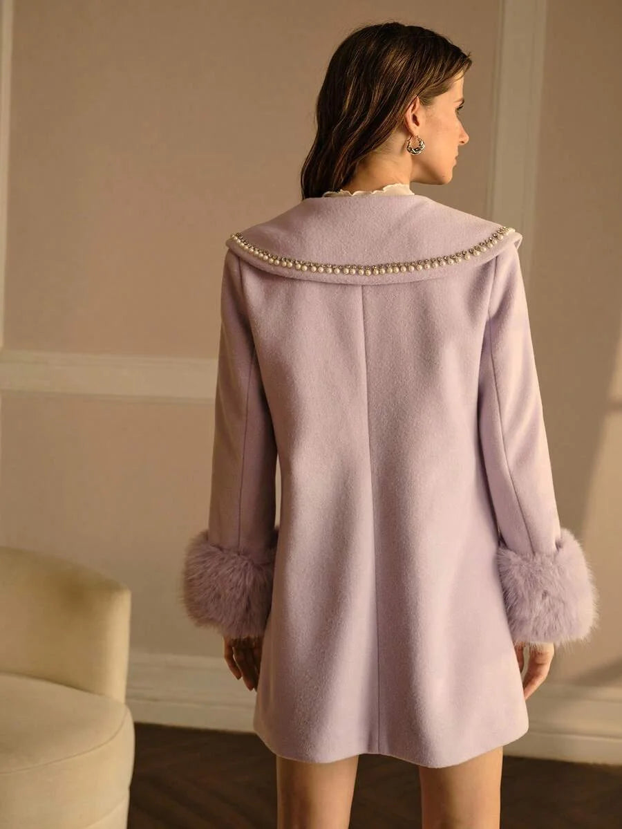 PREMIUM RHINESTONE AND FAUX PEARLS DETAIL LAPEL COLLAR CONTRAST FUZZY CUFF DOUBLE BREASTED OVERCOAT