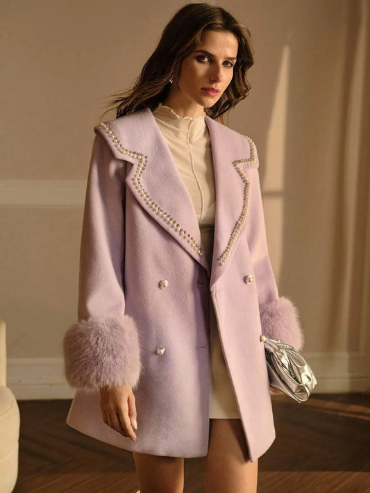 PREMIUM RHINESTONE AND FAUX PEARLS DETAIL LAPEL COLLAR CONTRAST FUZZY CUFF DOUBLE BREASTED OVERCOAT