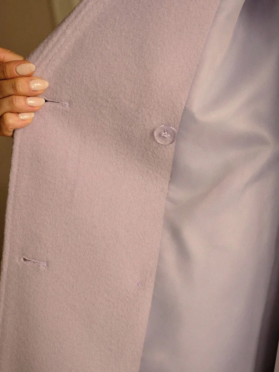 PREMIUM RHINESTONE AND FAUX PEARLS DETAIL LAPEL COLLAR CONTRAST FUZZY CUFF DOUBLE BREASTED OVERCOAT