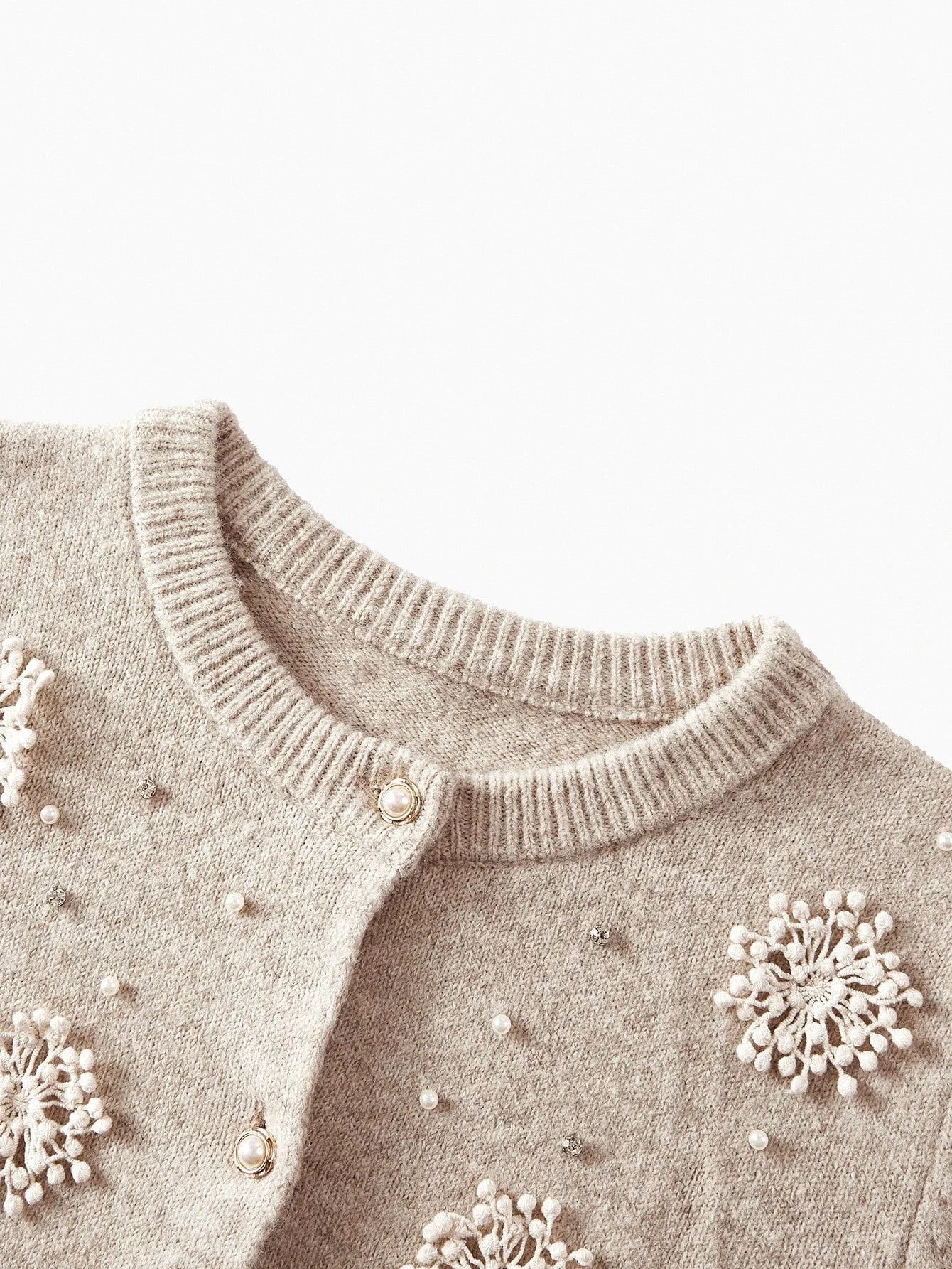 PREMIUM RHINESTONE AND FAUX PEARLS STEREO FLOWER DETAIL CARDIGAN amp SWEATER PANTS SET