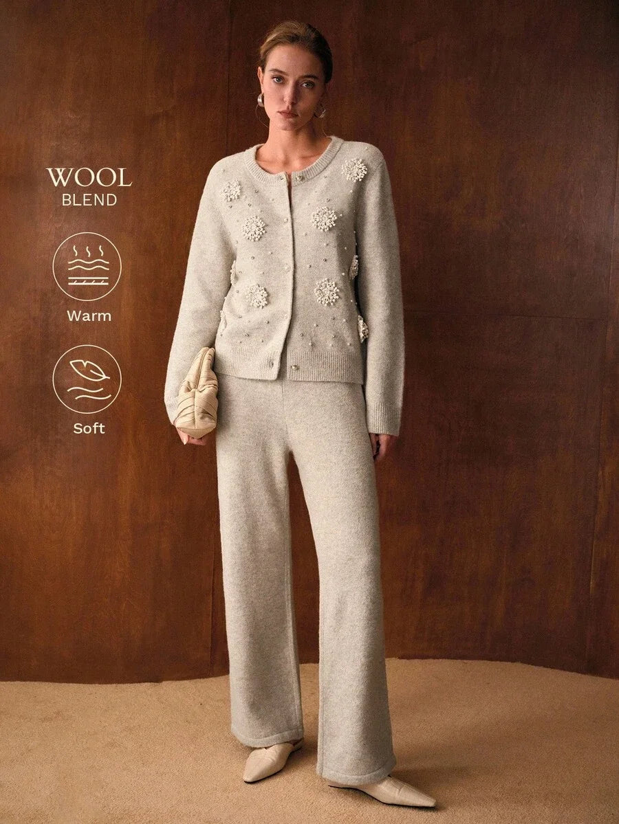 PREMIUM RHINESTONE AND FAUX PEARLS STEREO FLOWER DETAIL CARDIGAN amp SWEATER PANTS SET