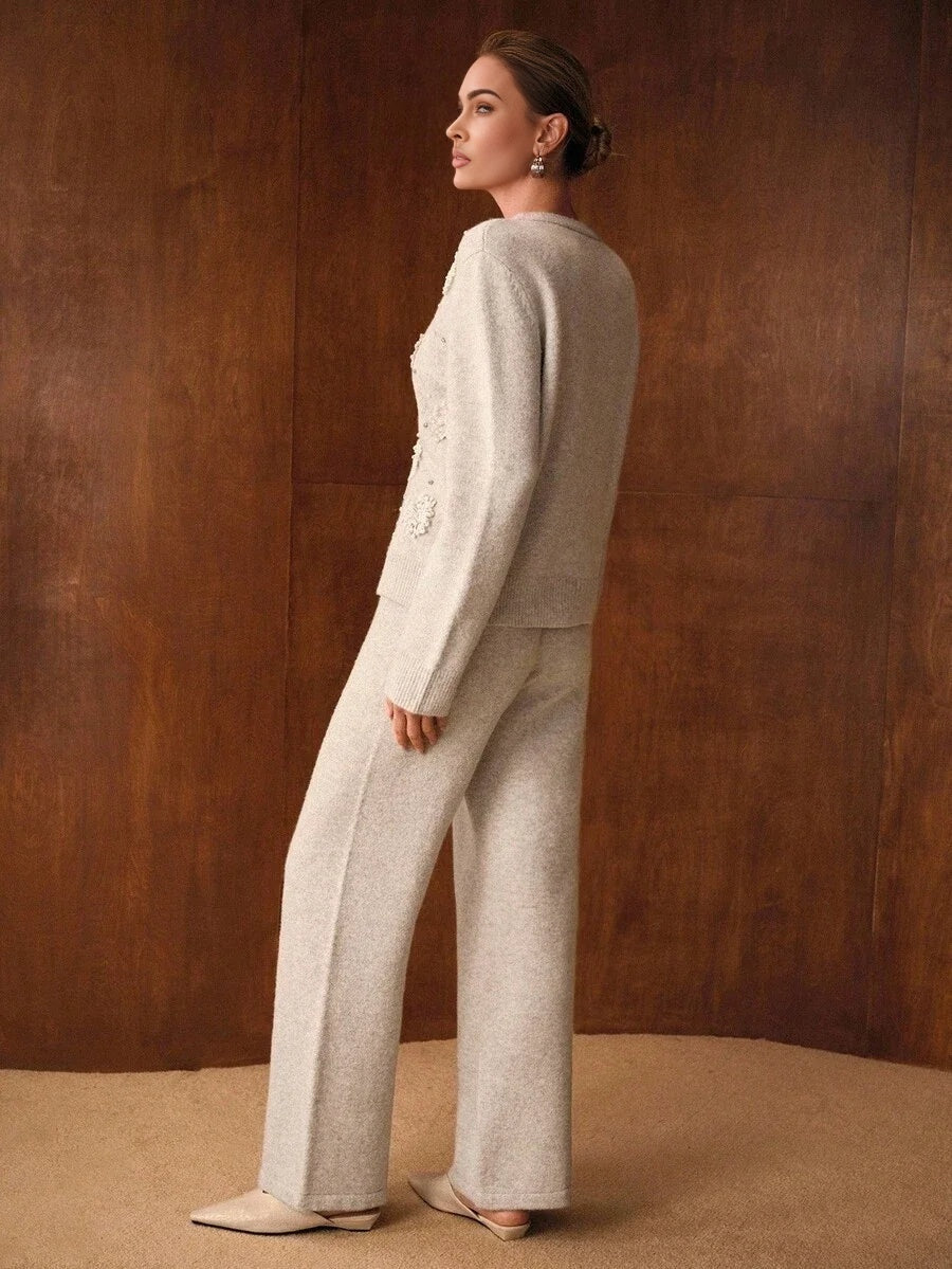 PREMIUM RHINESTONE AND FAUX PEARLS STEREO FLOWER DETAIL CARDIGAN amp SWEATER PANTS SET