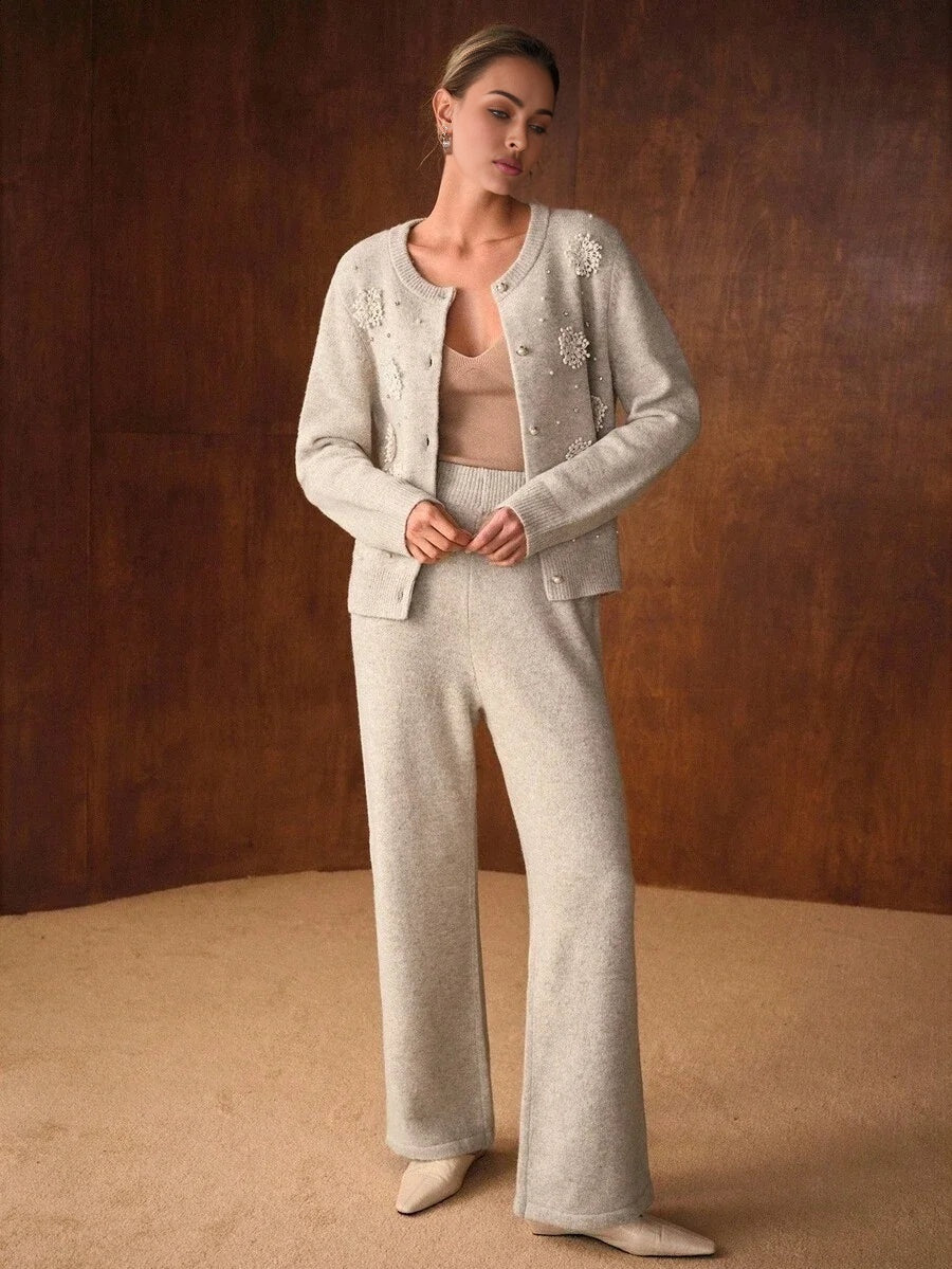 PREMIUM RHINESTONE AND FAUX PEARLS STEREO FLOWER DETAIL CARDIGAN amp SWEATER PANTS SET