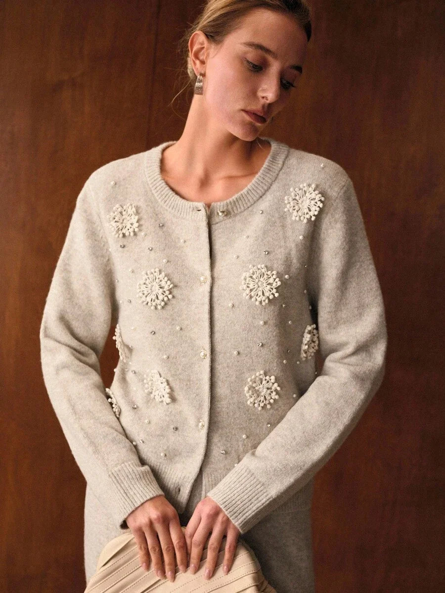 PREMIUM RHINESTONE AND FAUX PEARLS STEREO FLOWER DETAIL CARDIGAN amp SWEATER PANTS SET