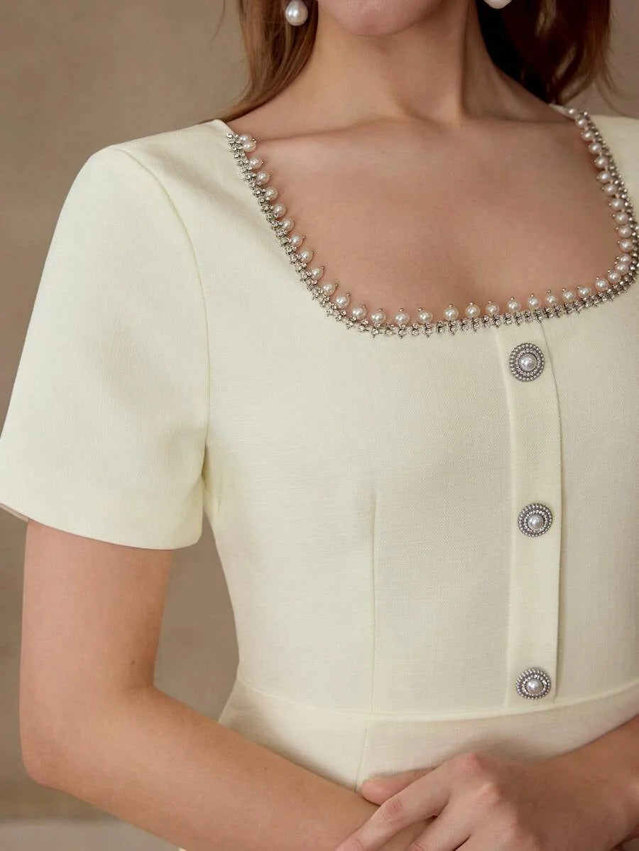 PREMIUM RHINESTONE BEADED BUTTON DECOR DRESS