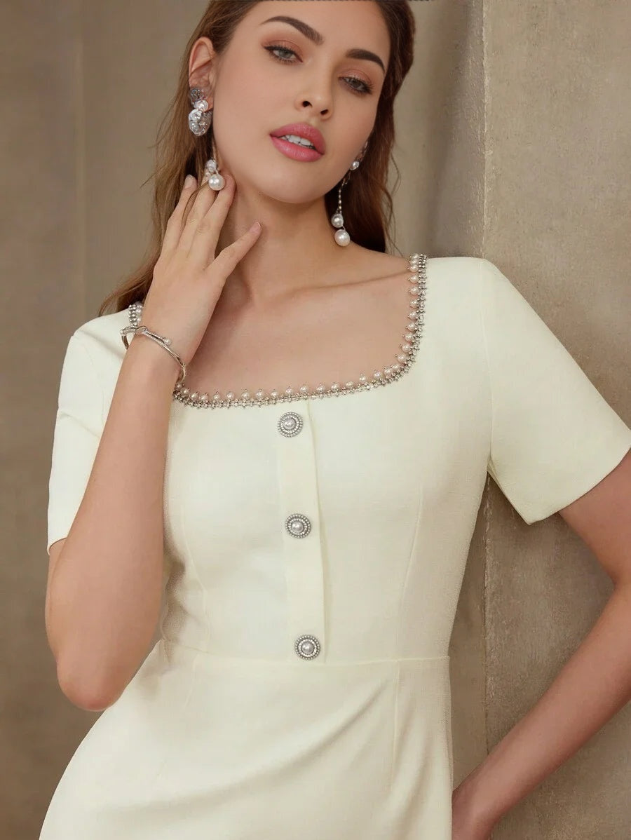 PREMIUM RHINESTONE BEADED BUTTON DECOR DRESS