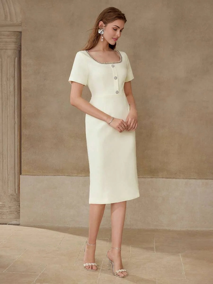 PREMIUM RHINESTONE BEADED BUTTON DECOR DRESS