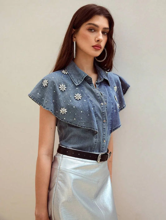 PREMIUM RHINESTONE BUTTON UP DENIM TOP