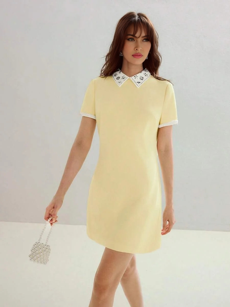PREMIUM RHINESTONE CONTRAST COLLAR FAUX PEARL CUFF ZIP BACK MINI DRESS