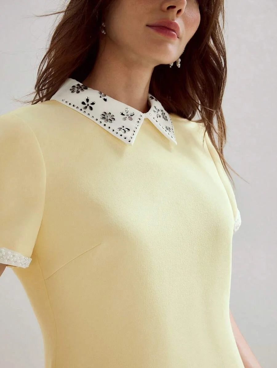 PREMIUM RHINESTONE CONTRAST COLLAR FAUX PEARL CUFF ZIP BACK MINI DRESS