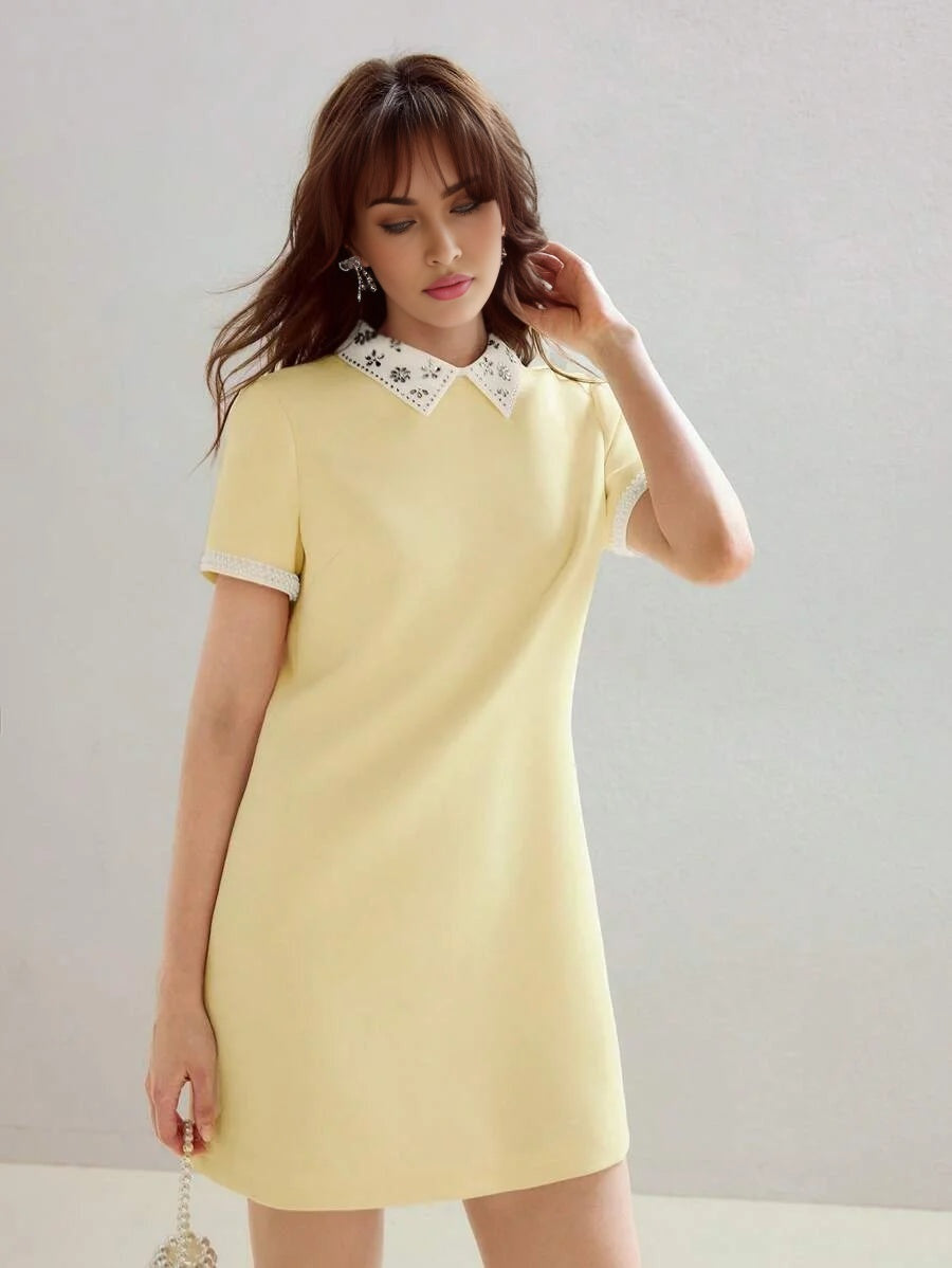 PREMIUM RHINESTONE CONTRAST COLLAR FAUX PEARL CUFF ZIP BACK MINI DRESS
