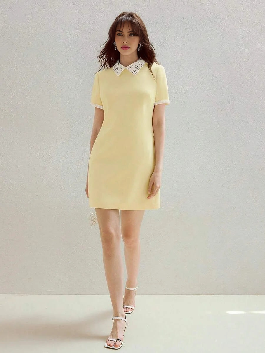 PREMIUM RHINESTONE CONTRAST COLLAR FAUX PEARL CUFF ZIP BACK MINI DRESS