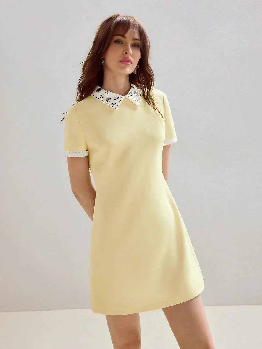 PREMIUM RHINESTONE CONTRAST COLLAR FAUX PEARL CUFF ZIP BACK MINI DRESS