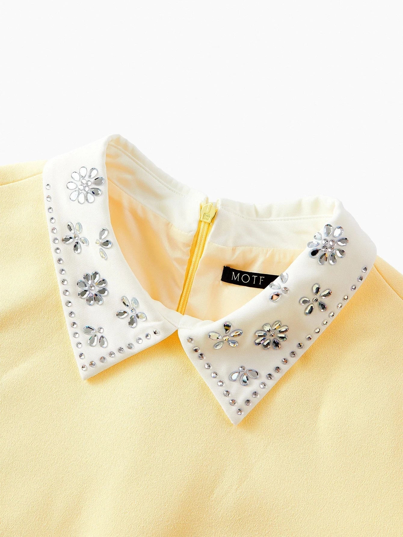 PREMIUM RHINESTONE CONTRAST COLLAR FAUX PEARL CUFF ZIP BACK MINI DRESS