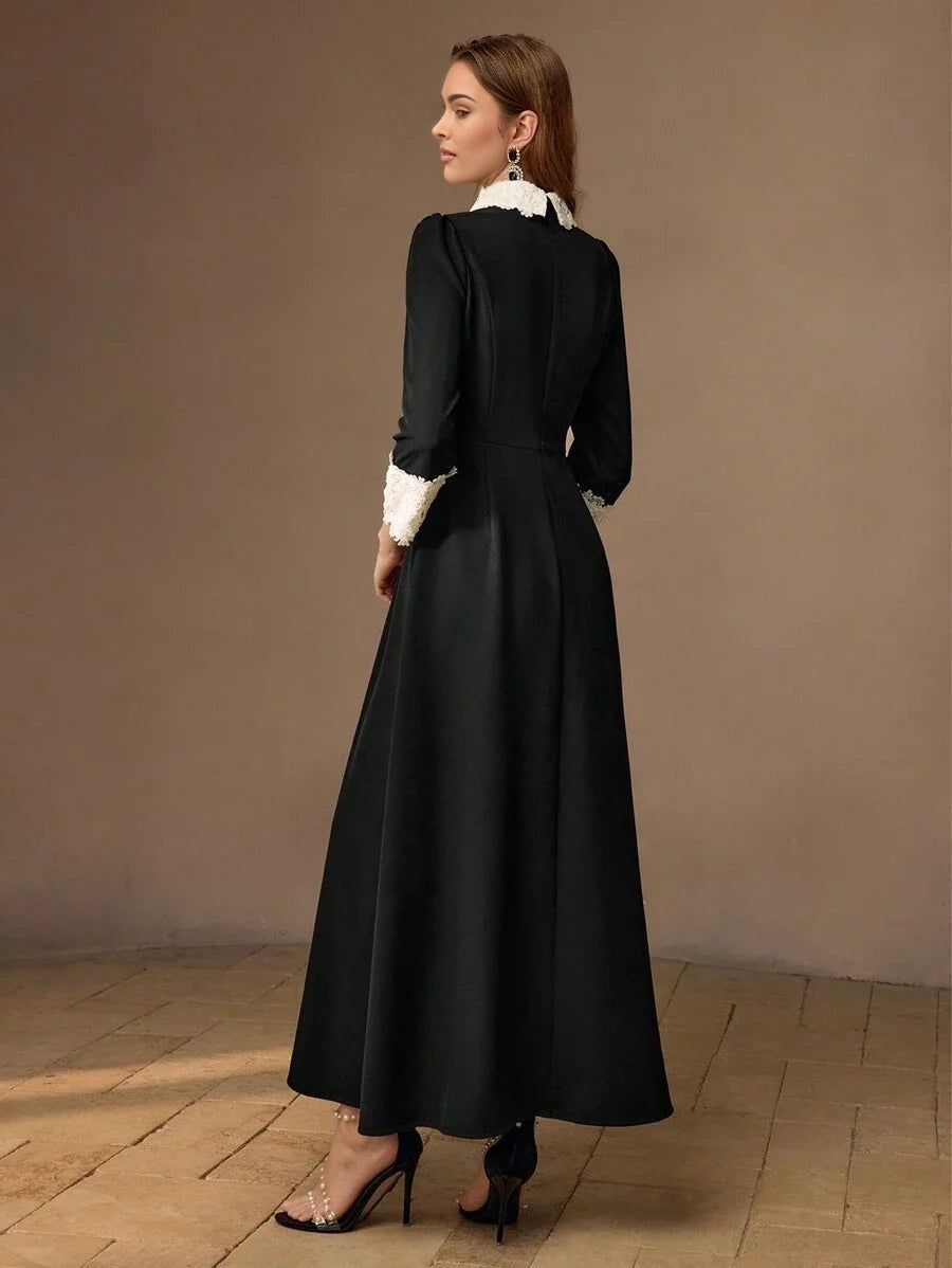 PREMIUM RHINESTONE DECOR COLOR BLOCK CONTRAST LACE DRESS