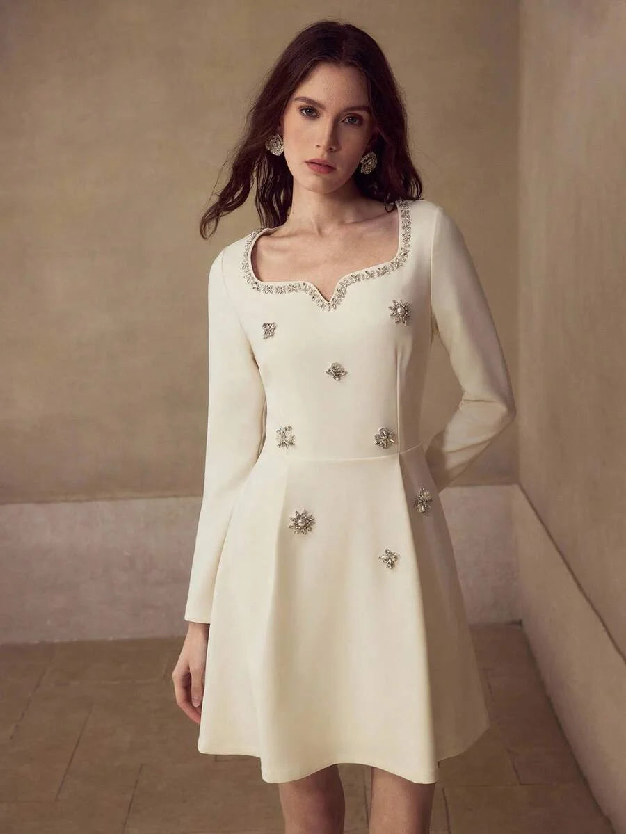 PREMIUM RHINESTONE DECOR LONG SLEEVE ELEGANT SHORT DRESS