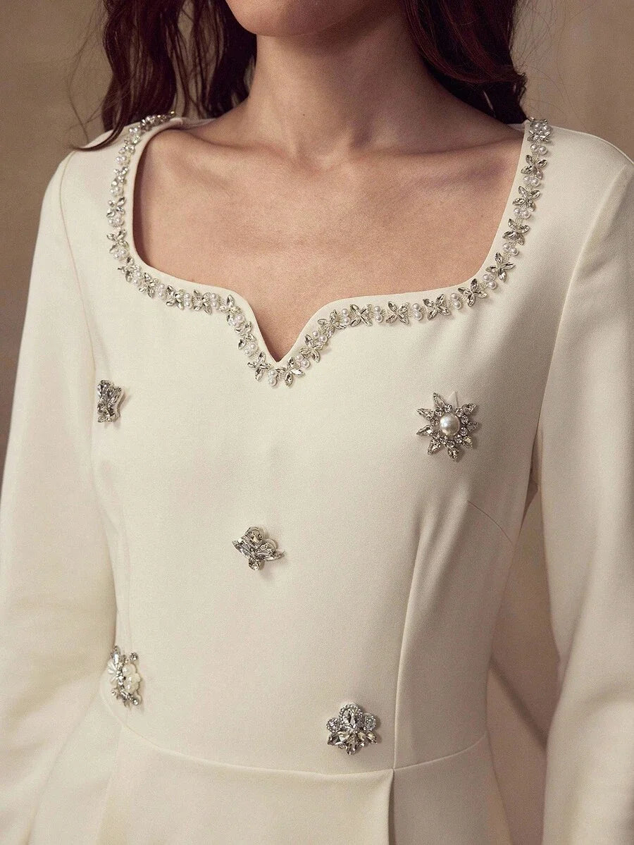 PREMIUM RHINESTONE DECOR LONG SLEEVE ELEGANT SHORT DRESS