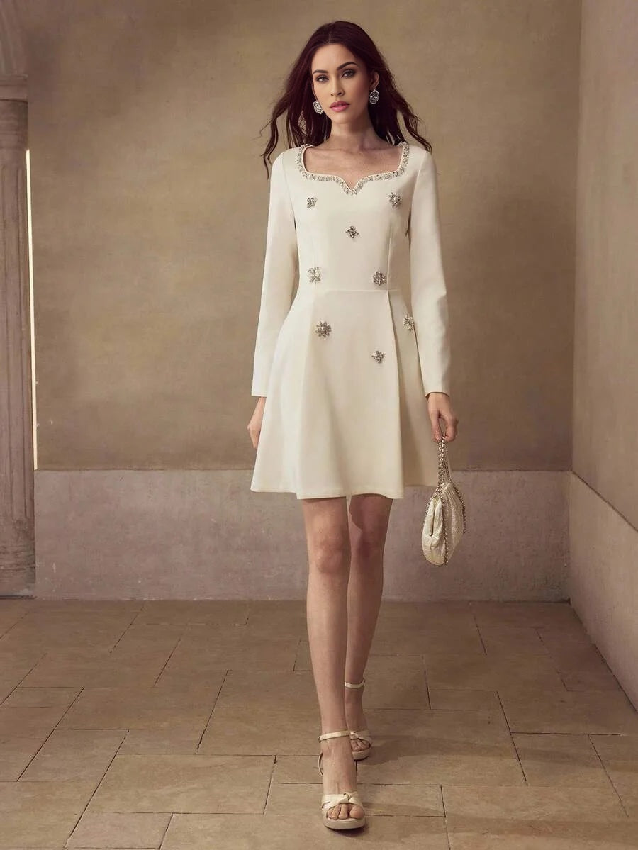 PREMIUM RHINESTONE DECOR LONG SLEEVE ELEGANT SHORT DRESS