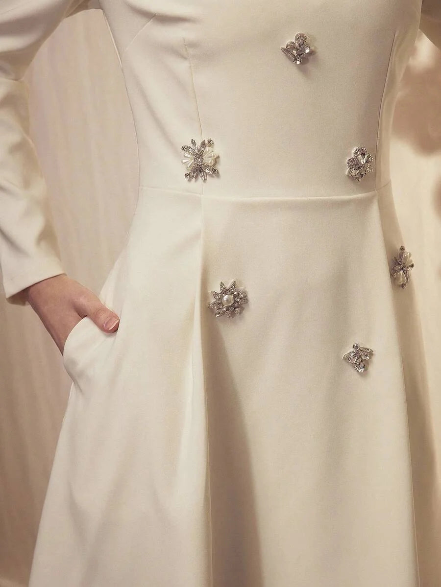 PREMIUM RHINESTONE DECOR LONG SLEEVE ELEGANT SHORT DRESS