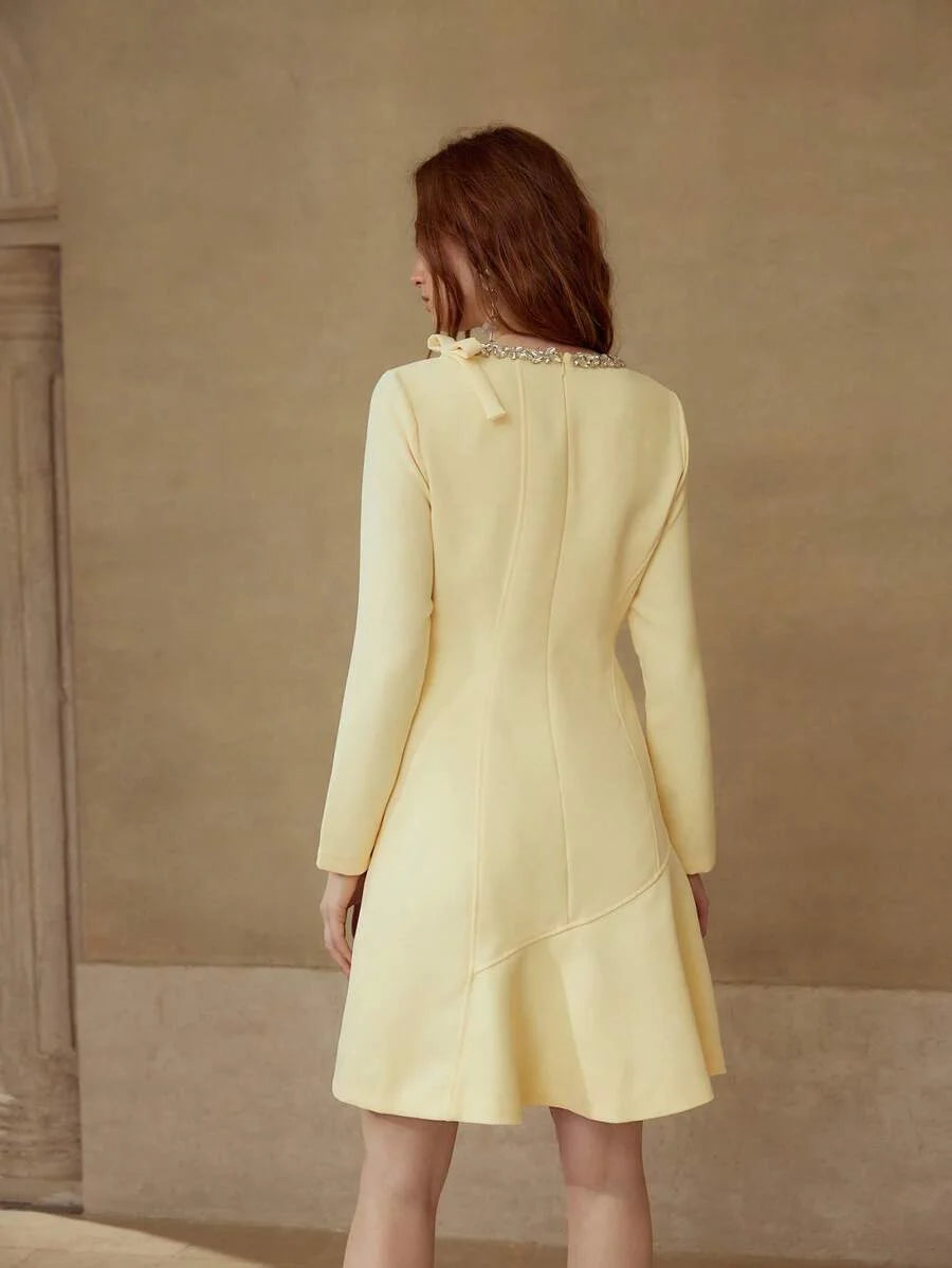 PREMIUM RHINESTONE DETAIL BOW DECOR DRESS