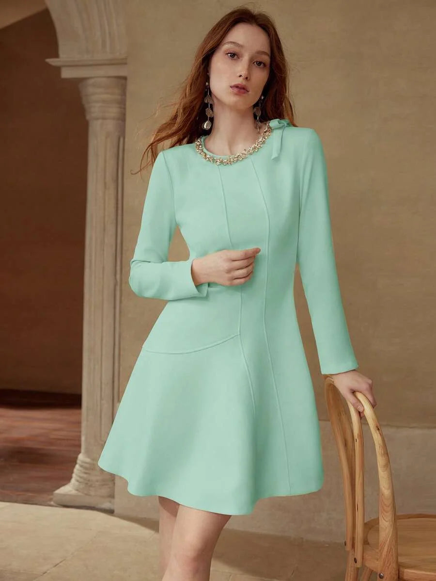 PREMIUM RHINESTONE DETAIL BOW DECOR DRESS