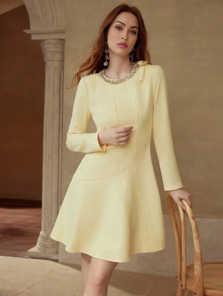 PREMIUM RHINESTONE DETAIL BOW DECOR DRESS