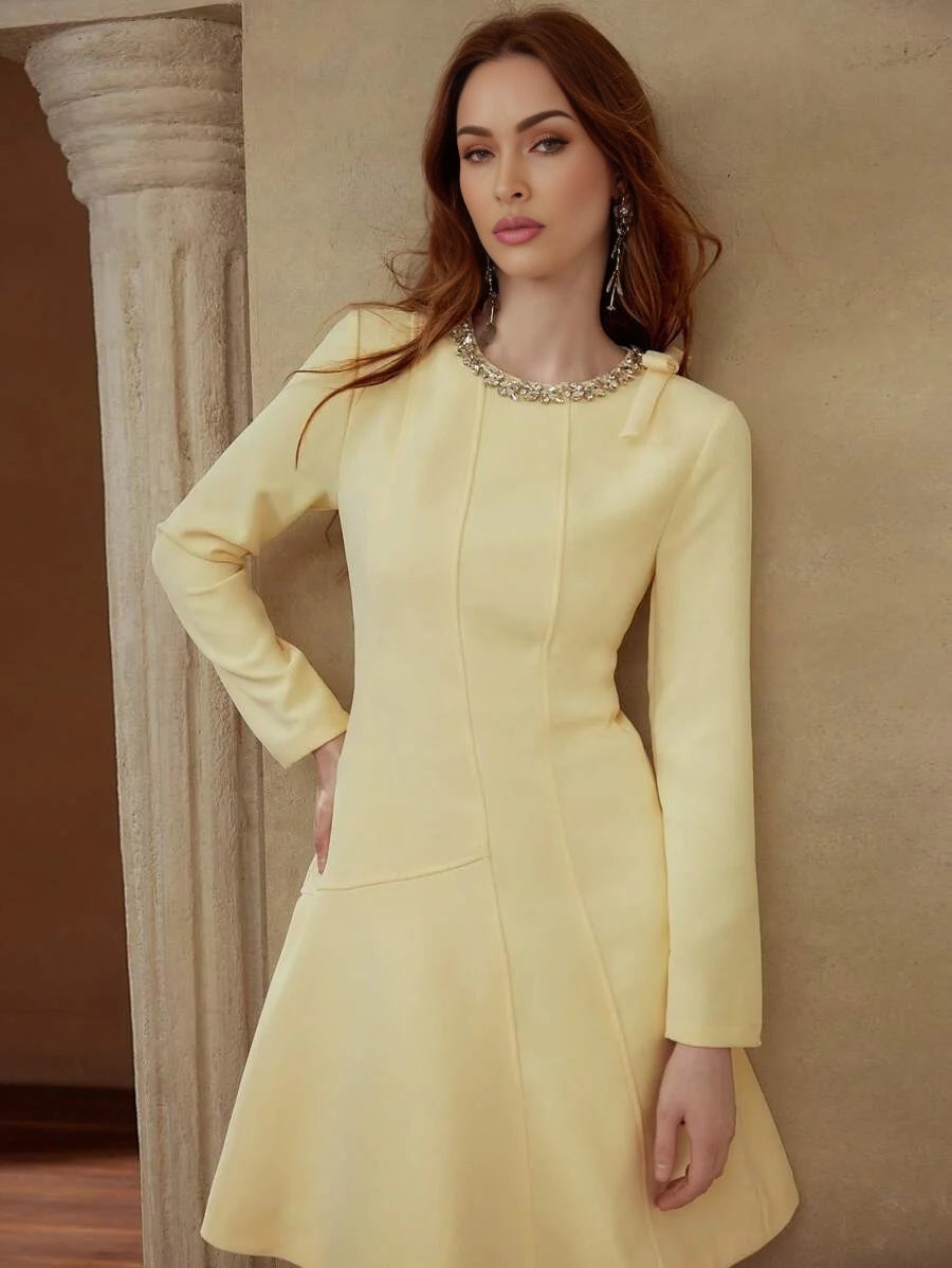 PREMIUM RHINESTONE DETAIL BOW DECOR DRESS