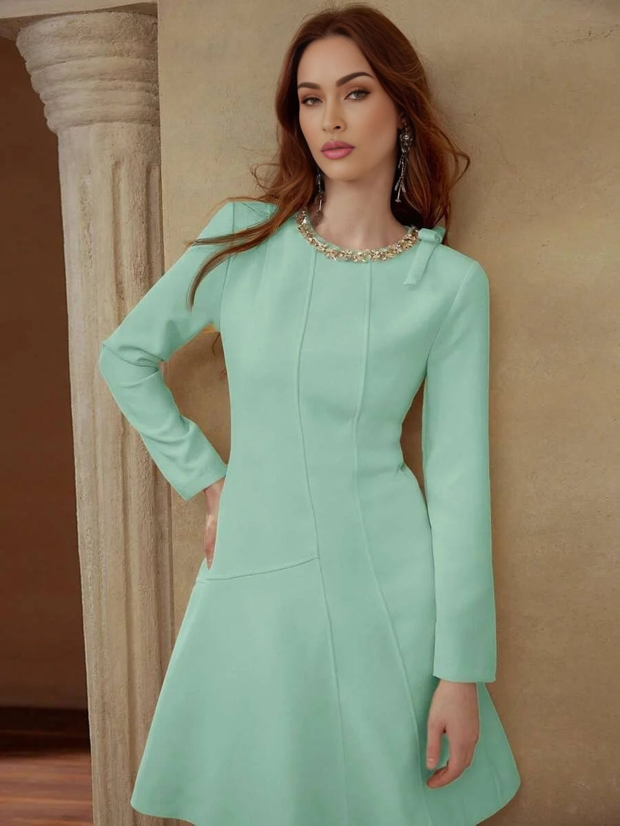 PREMIUM RHINESTONE DETAIL BOW DECOR DRESS