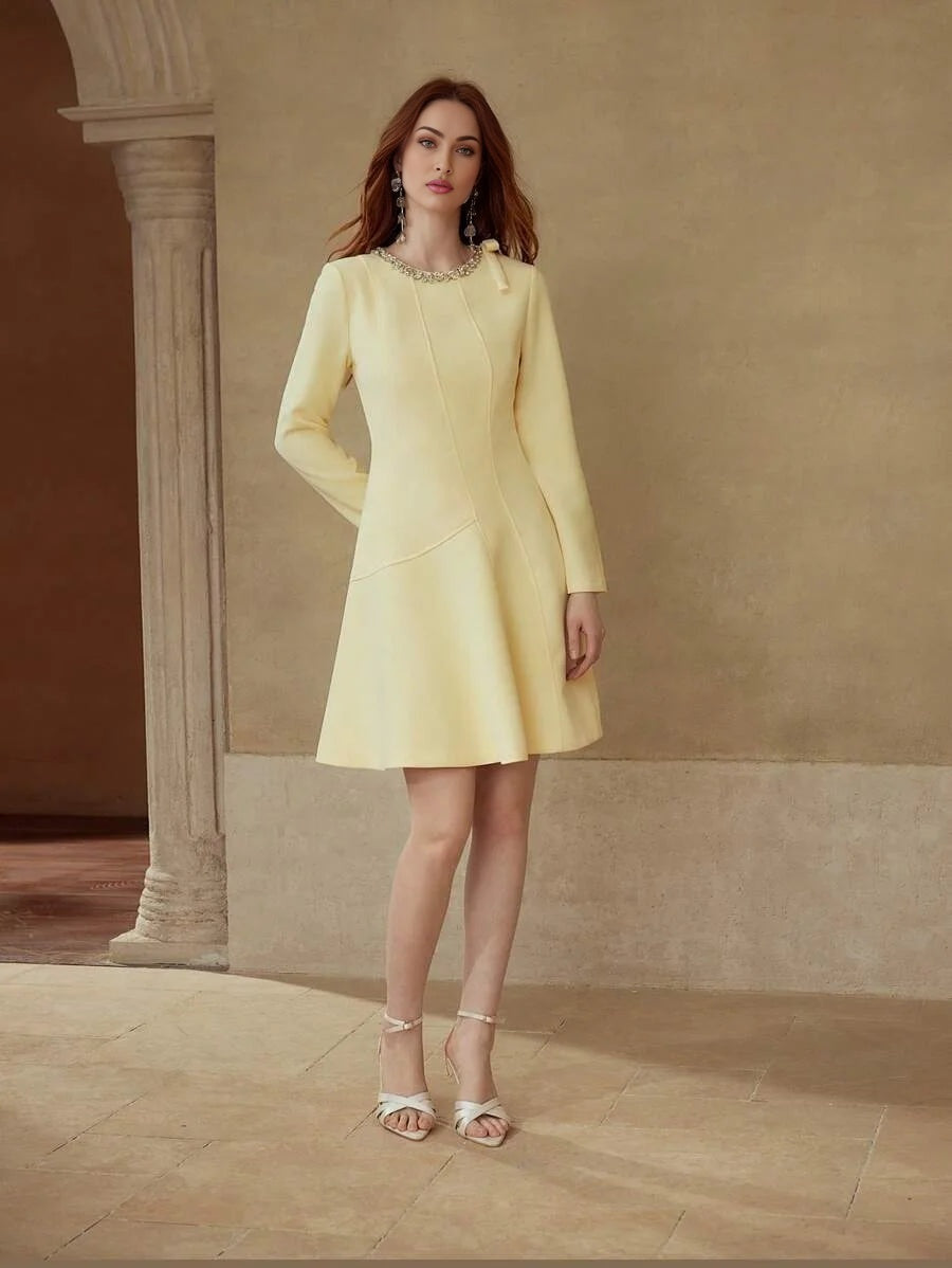 PREMIUM RHINESTONE DETAIL BOW DECOR DRESS