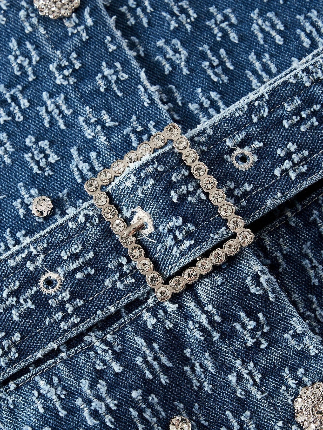 PREMIUM RHINESTONE DETAIL DENIM DRESS WITH BELT