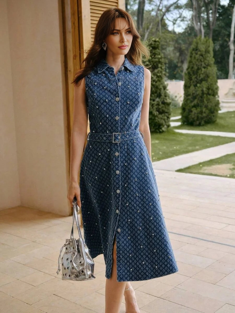 PREMIUM RHINESTONE DETAIL DENIM DRESS WITH BELT