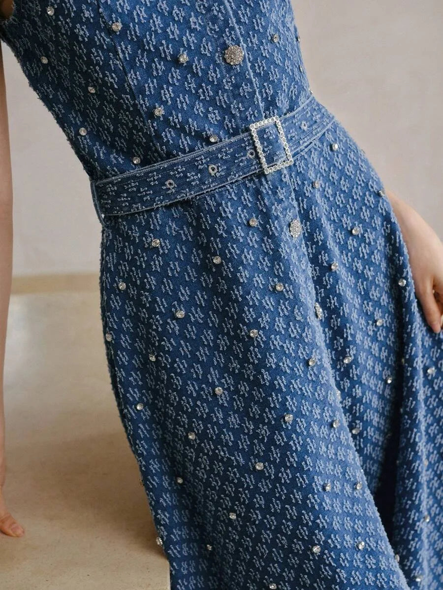 PREMIUM RHINESTONE DETAIL DENIM DRESS WITH BELT