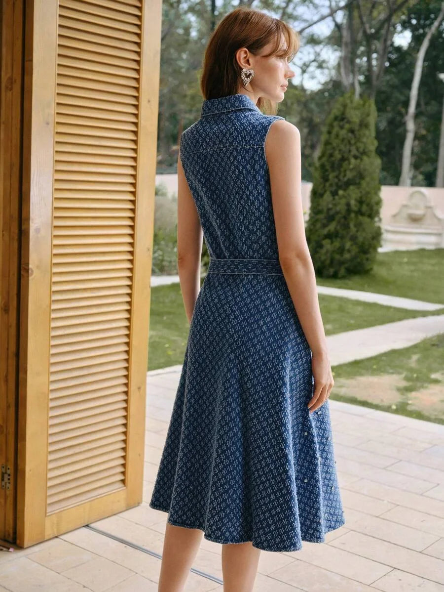 PREMIUM RHINESTONE DETAIL DENIM DRESS WITH BELT