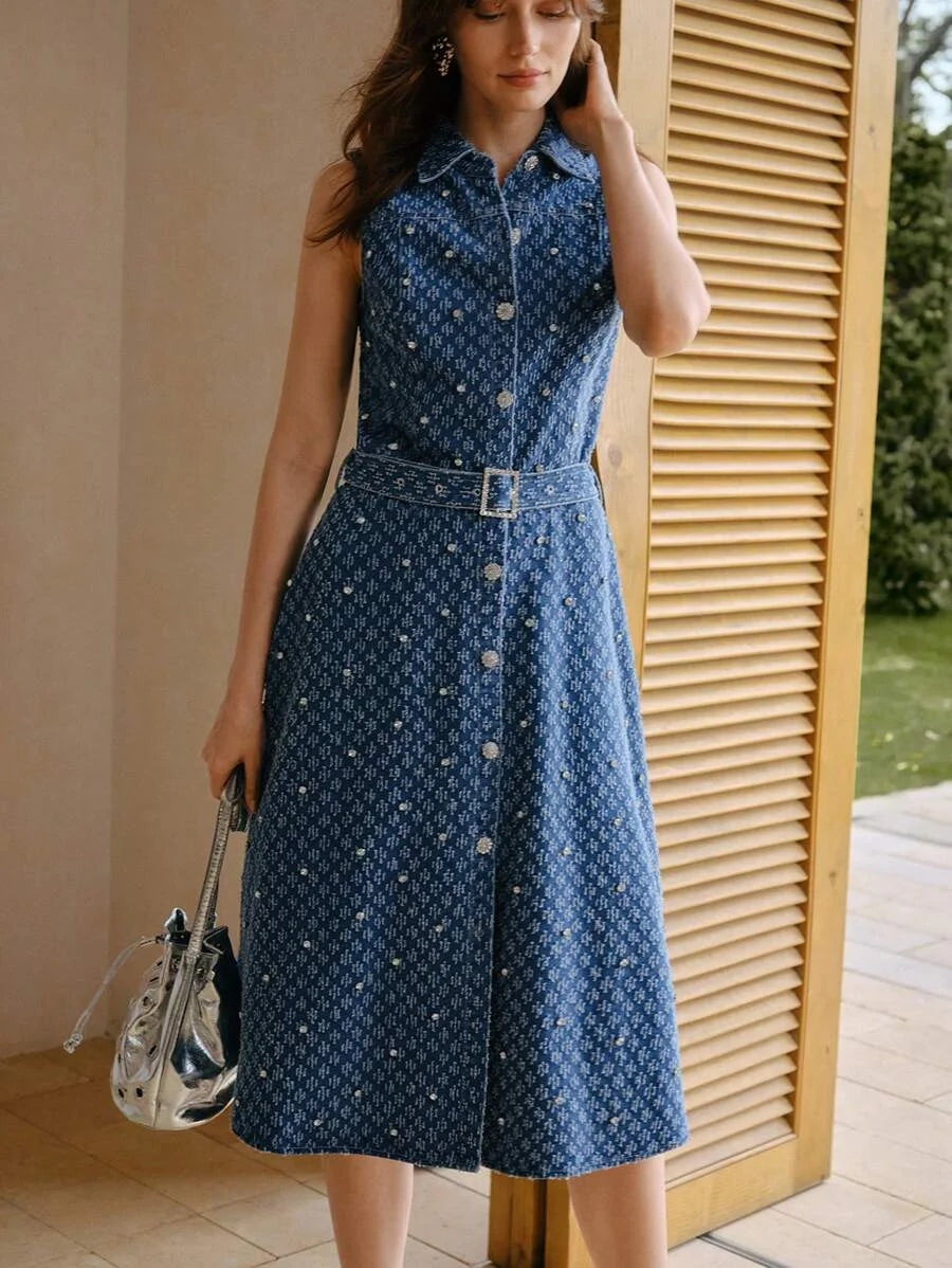 PREMIUM RHINESTONE DETAIL DENIM DRESS WITH BELT