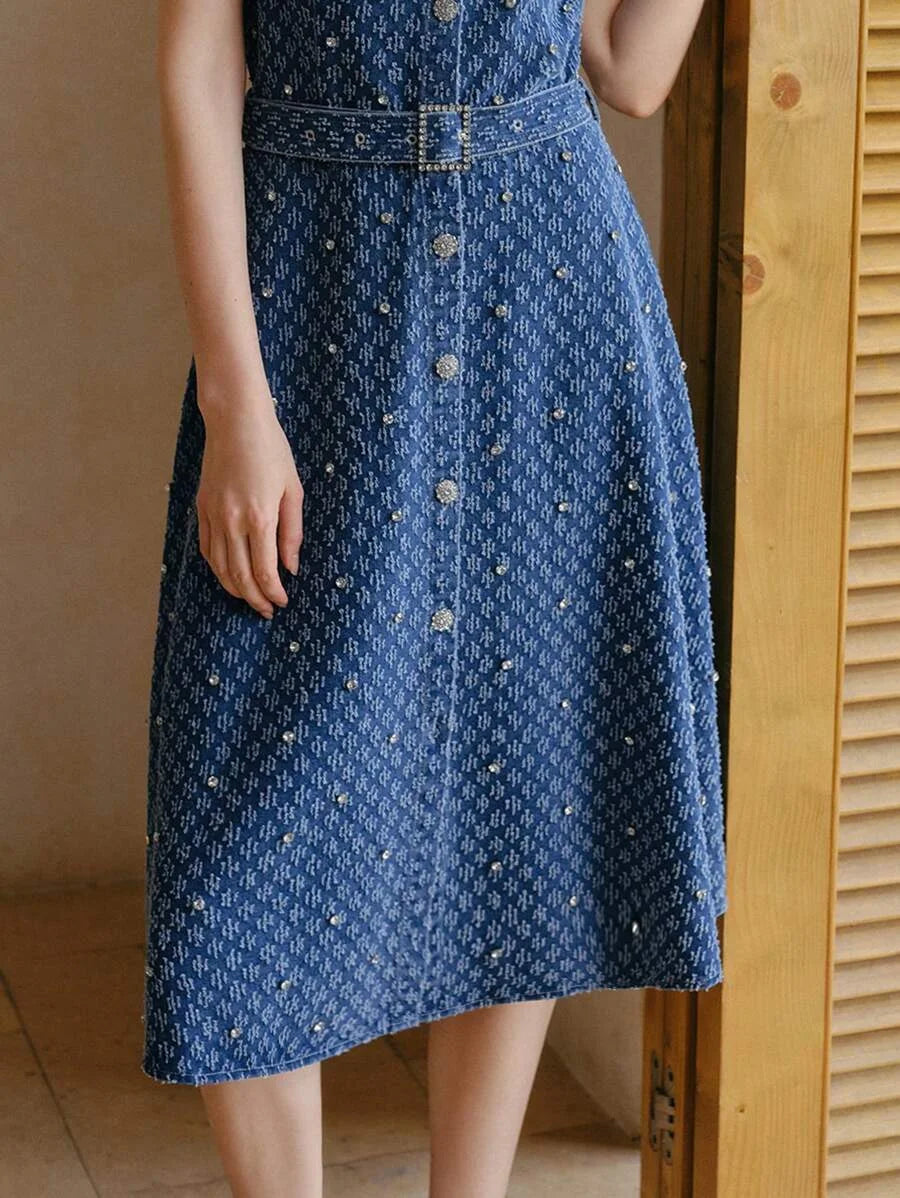 PREMIUM RHINESTONE DETAIL DENIM DRESS WITH BELT