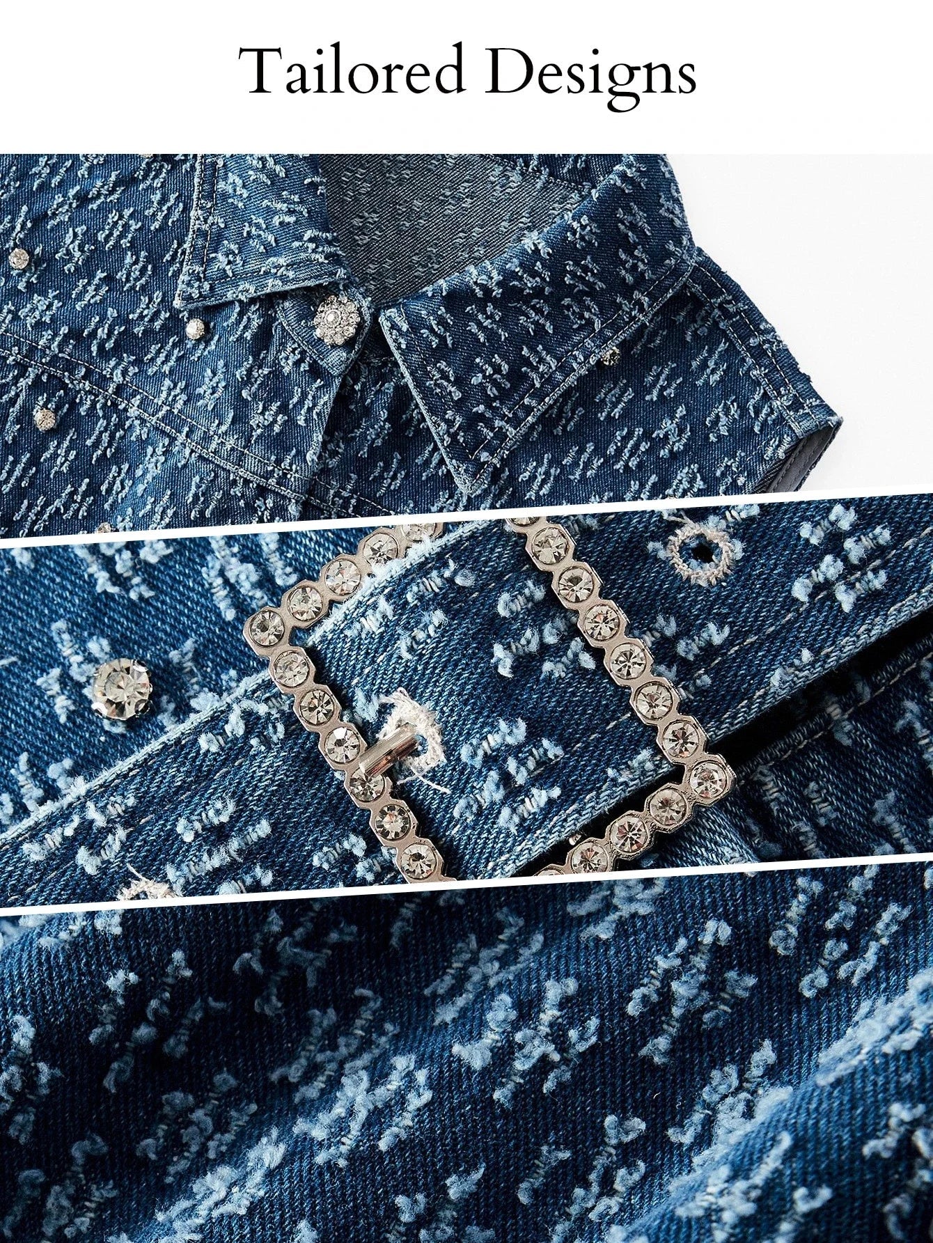 PREMIUM RHINESTONE DETAIL DENIM DRESS WITH BELT