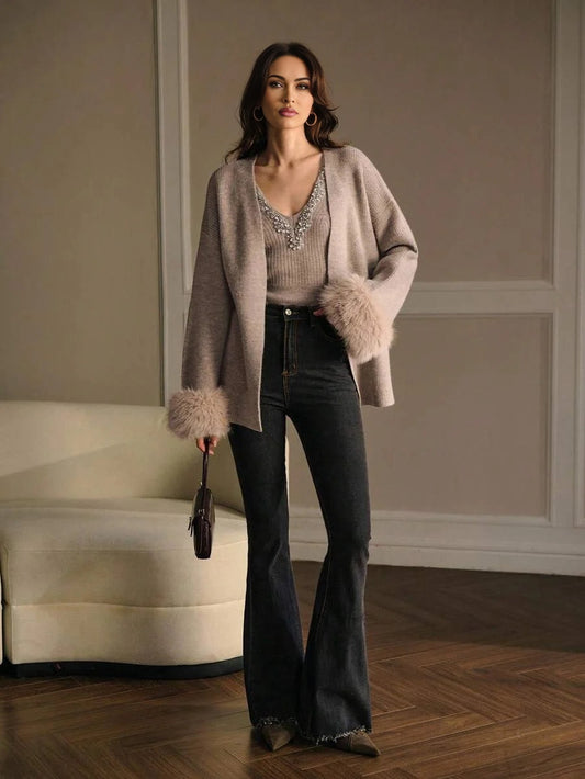 PREMIUM RHINESTONE DETAIL KNIT TOP amp CONTRAST FAUX FUR TRIM CARDIGAN