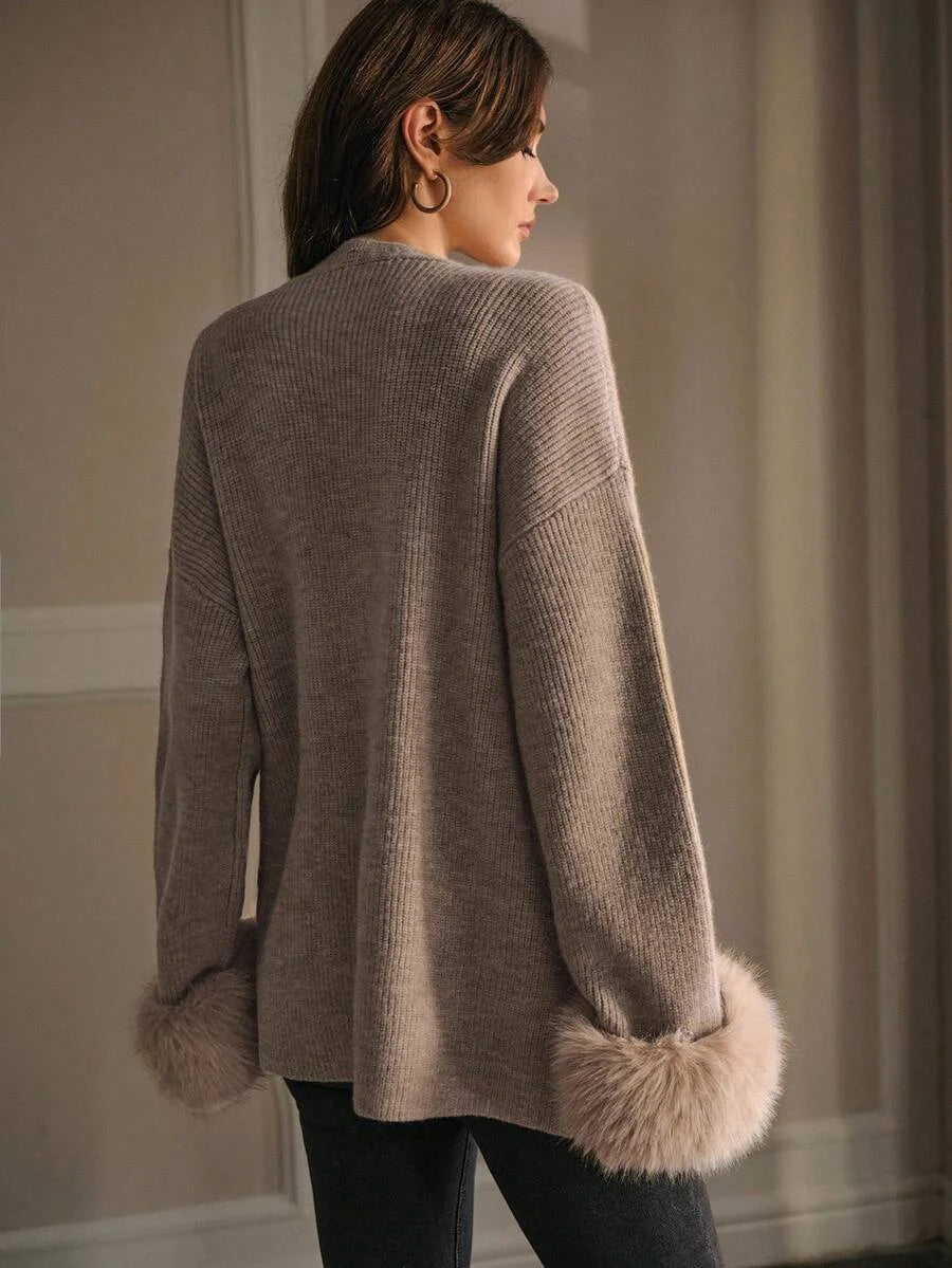 PREMIUM RHINESTONE DETAIL KNIT TOP amp CONTRAST FAUX FUR TRIM CARDIGAN