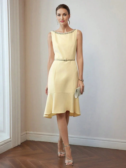 PREMIUM RHINESTONE DETAIL MERMAID HEM MIDI DRESS WITHOUT BELT