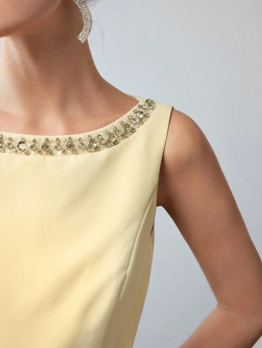 PREMIUM RHINESTONE DETAIL MERMAID HEM MIDI DRESS WITHOUT BELT