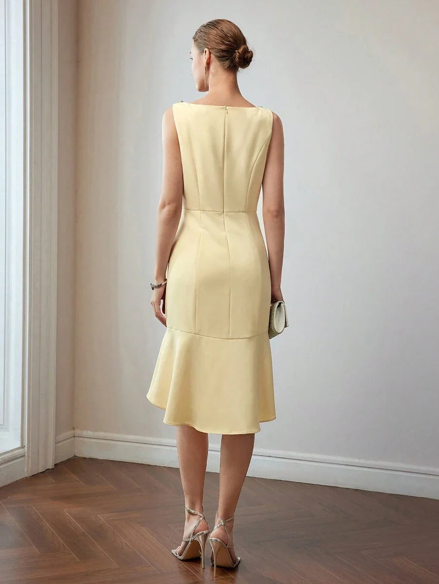 PREMIUM RHINESTONE DETAIL MERMAID HEM MIDI DRESS WITHOUT BELT