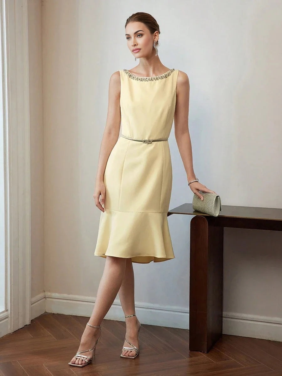 PREMIUM RHINESTONE DETAIL MERMAID HEM MIDI DRESS WITHOUT BELT