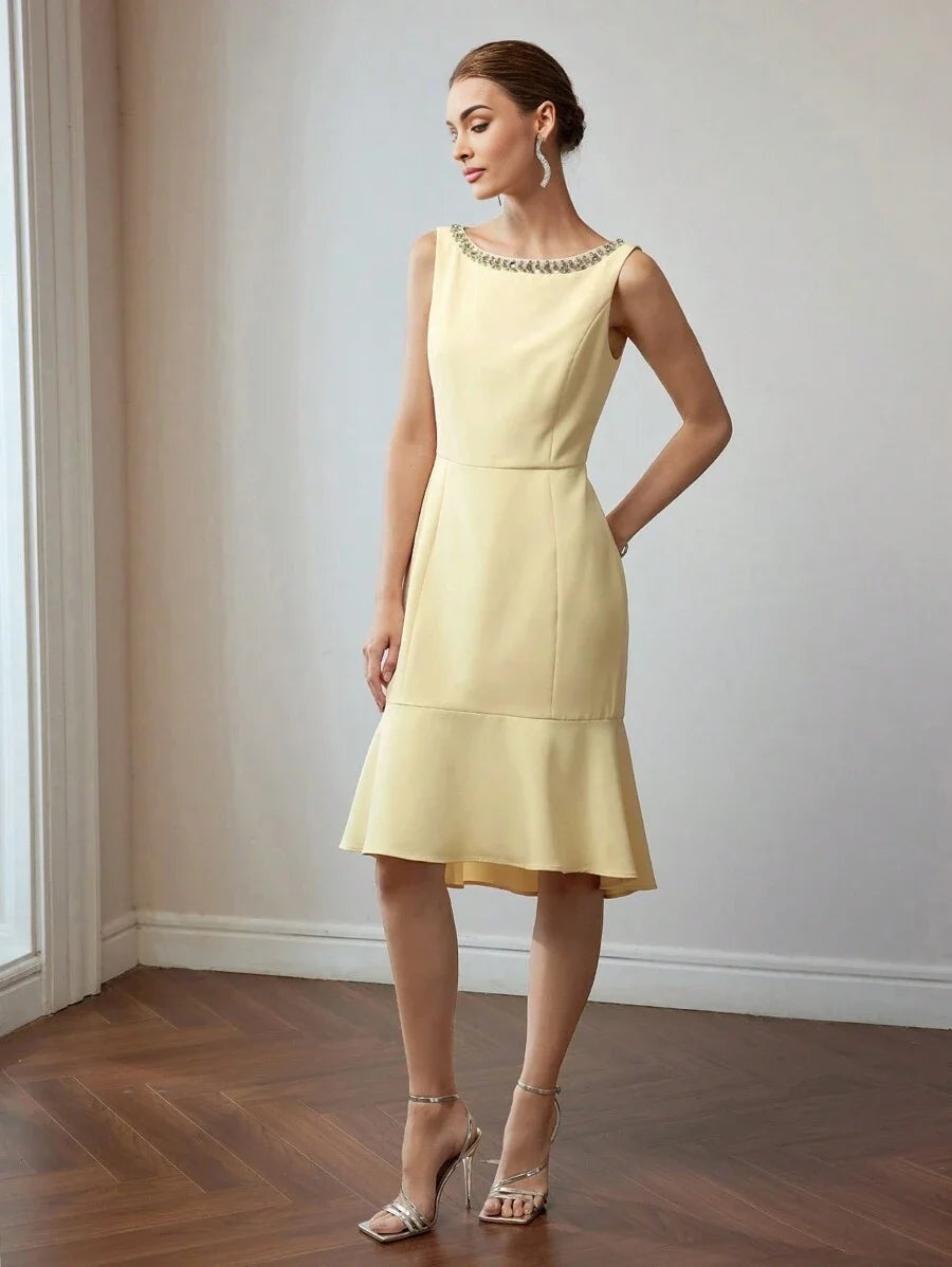 PREMIUM RHINESTONE DETAIL MERMAID HEM MIDI DRESS WITHOUT BELT