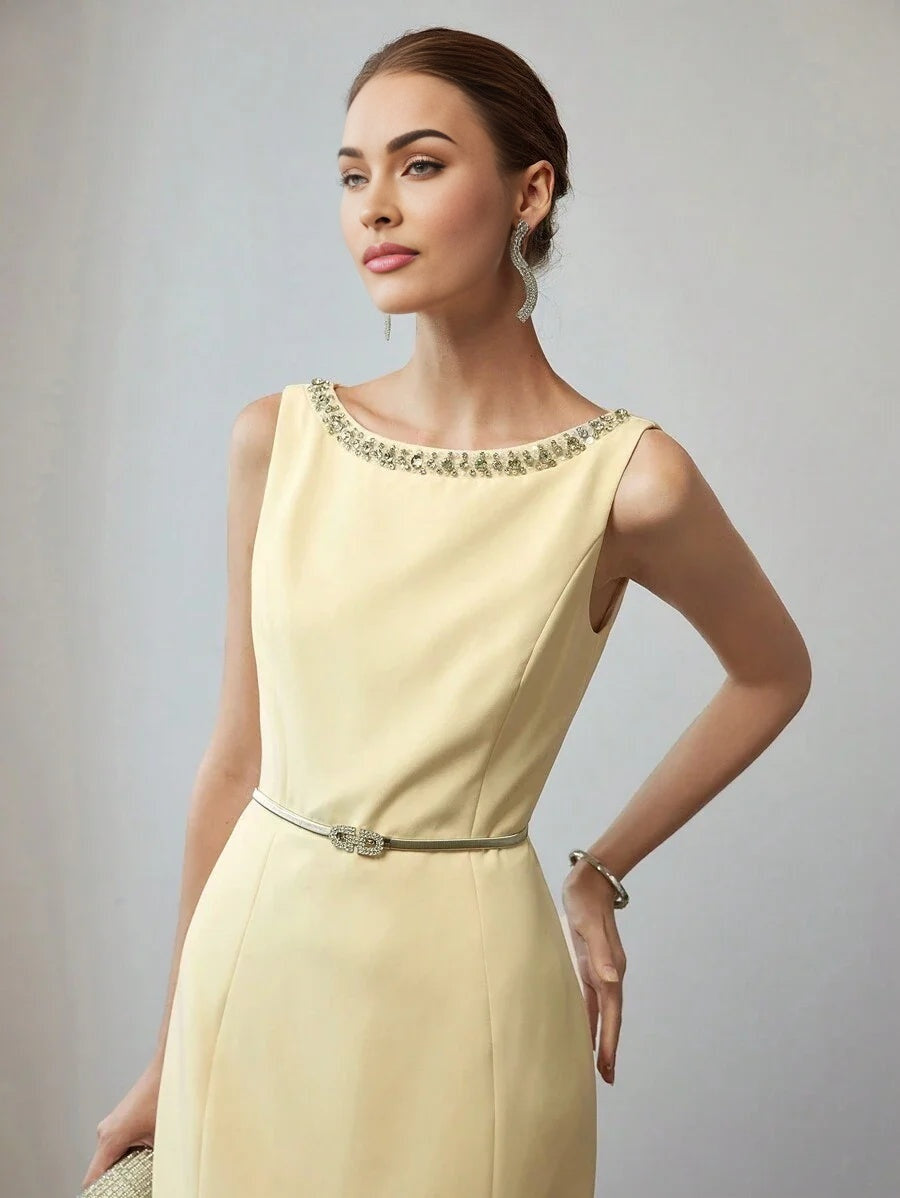 PREMIUM RHINESTONE DETAIL MERMAID HEM MIDI DRESS WITHOUT BELT