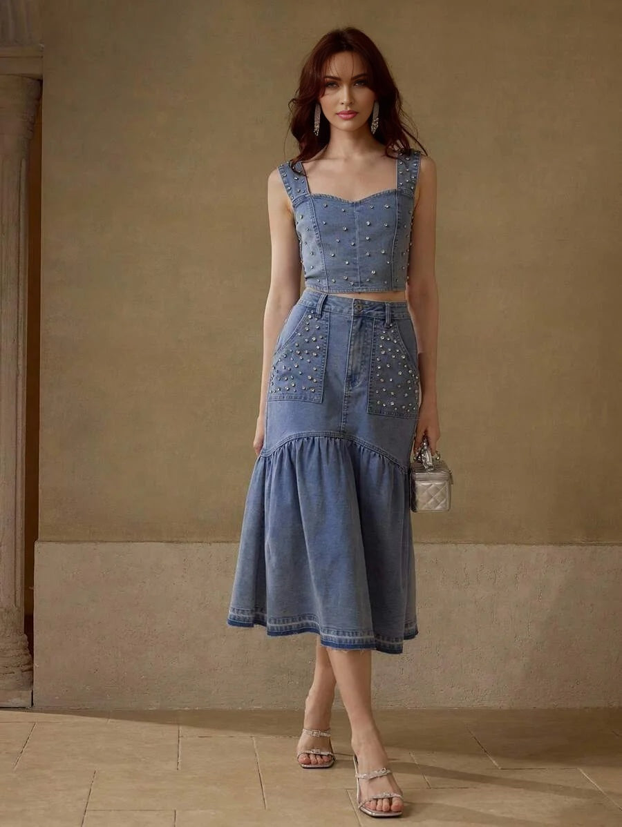 PREMIUM RHINESTONE DETAIL TOP amp SKIRT DENIM 2 PIECES SET