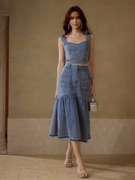PREMIUM RHINESTONE DETAIL TOP amp SKIRT DENIM 2 PIECES SET