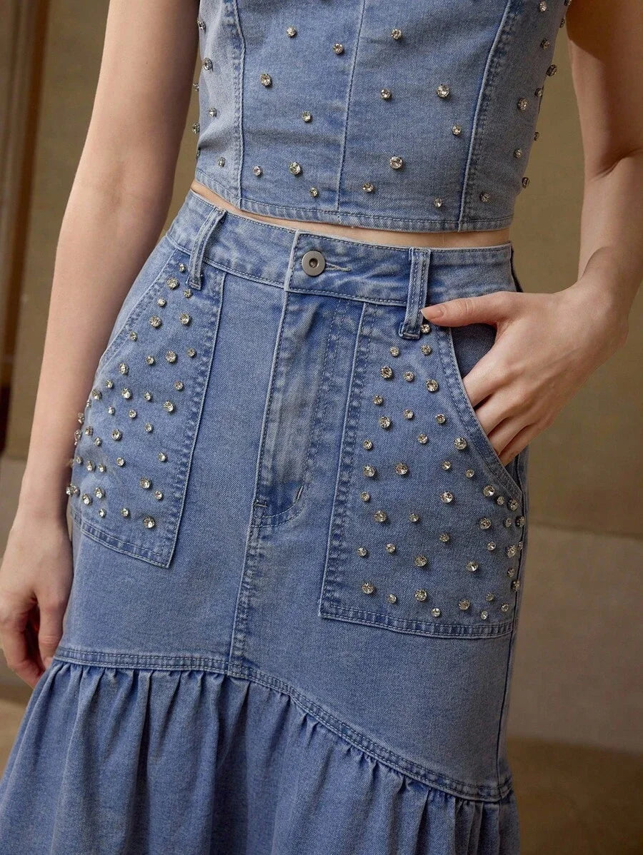 PREMIUM RHINESTONE DETAIL TOP amp SKIRT DENIM 2 PIECES SET
