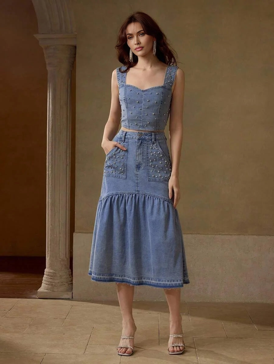 PREMIUM RHINESTONE DETAIL TOP amp SKIRT DENIM 2 PIECES SET