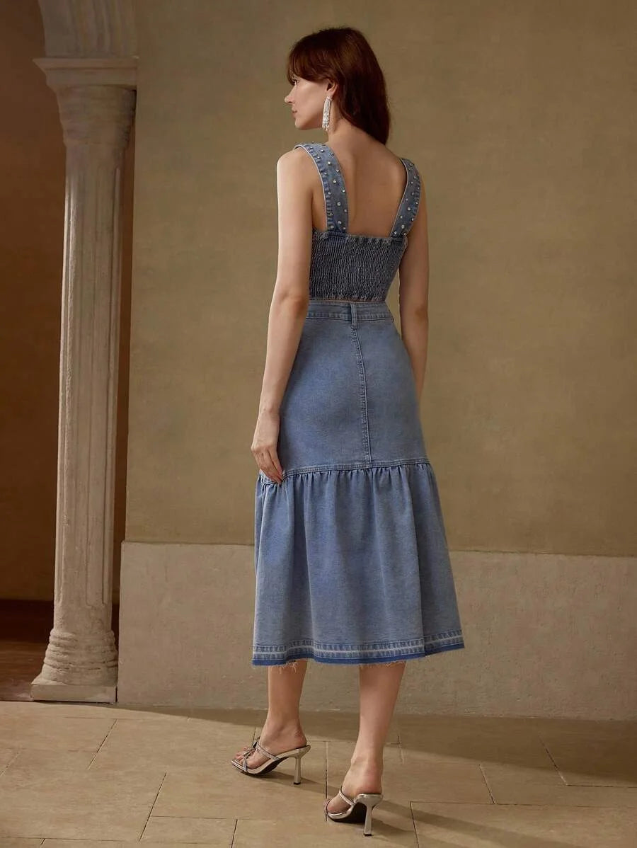 PREMIUM RHINESTONE DETAIL TOP amp SKIRT DENIM 2 PIECES SET