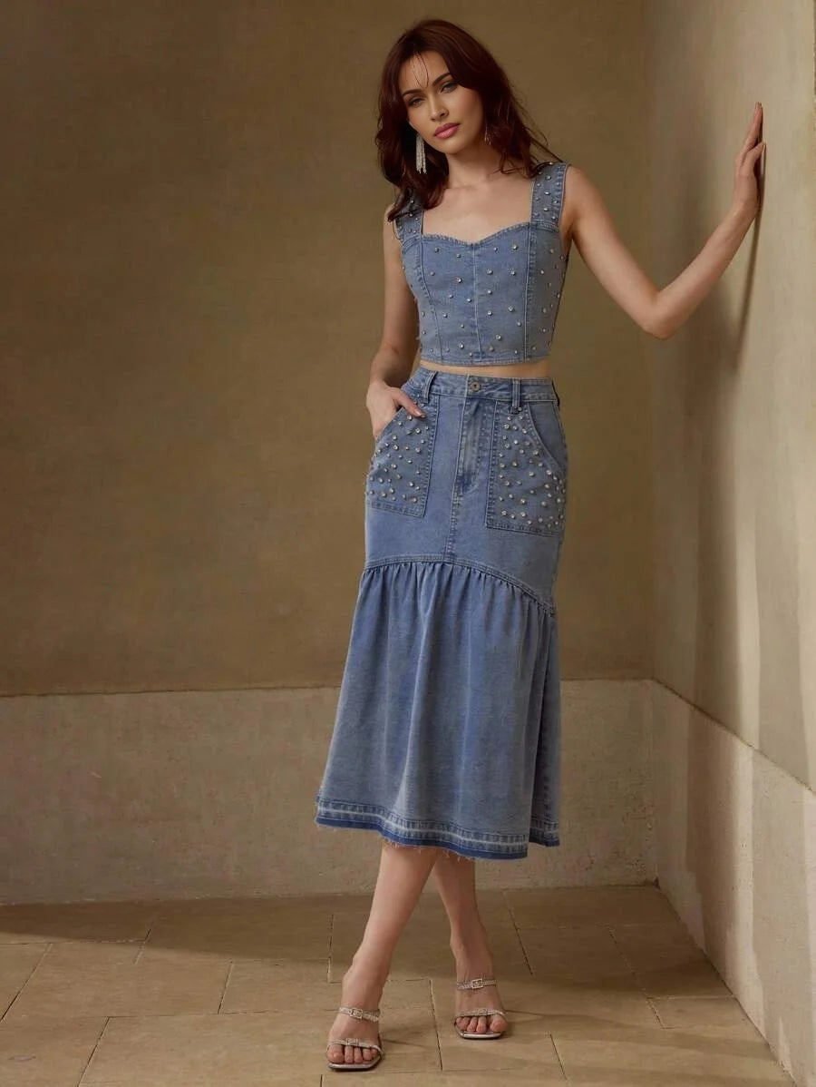 PREMIUM RHINESTONE DETAIL TOP amp SKIRT DENIM 2 PIECES SET